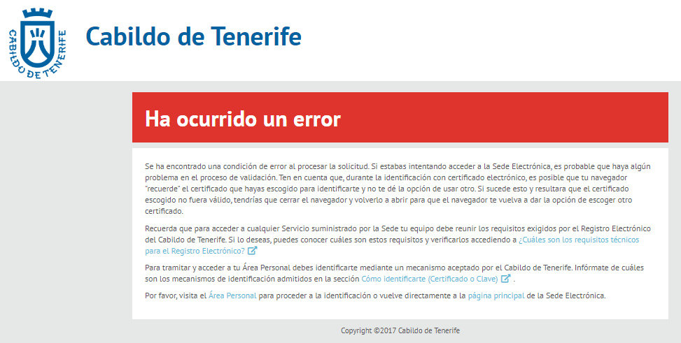 Error de acceso a la Sede Cabildo de Tenerife